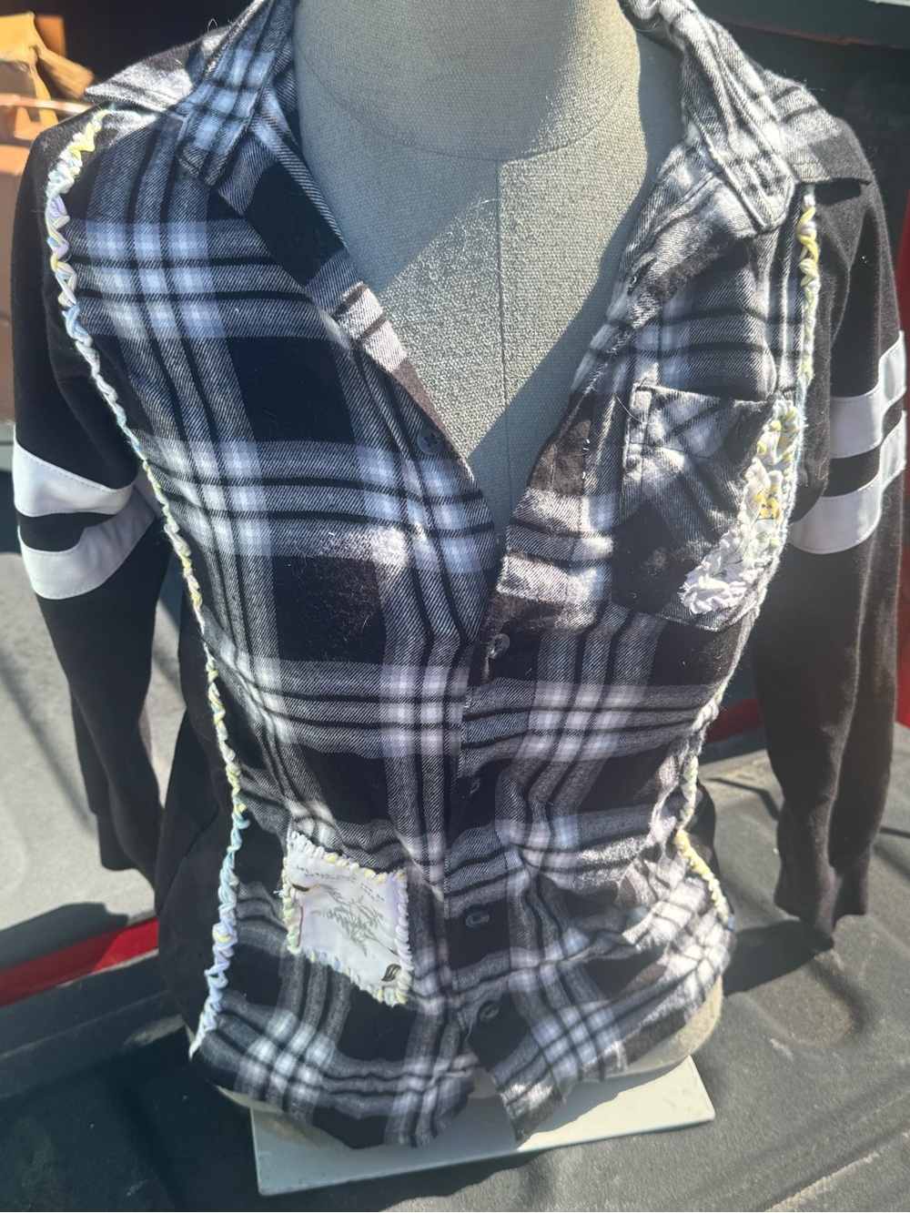 Upcycled floral Patchwork Plaid Shirt with hand sewn patches